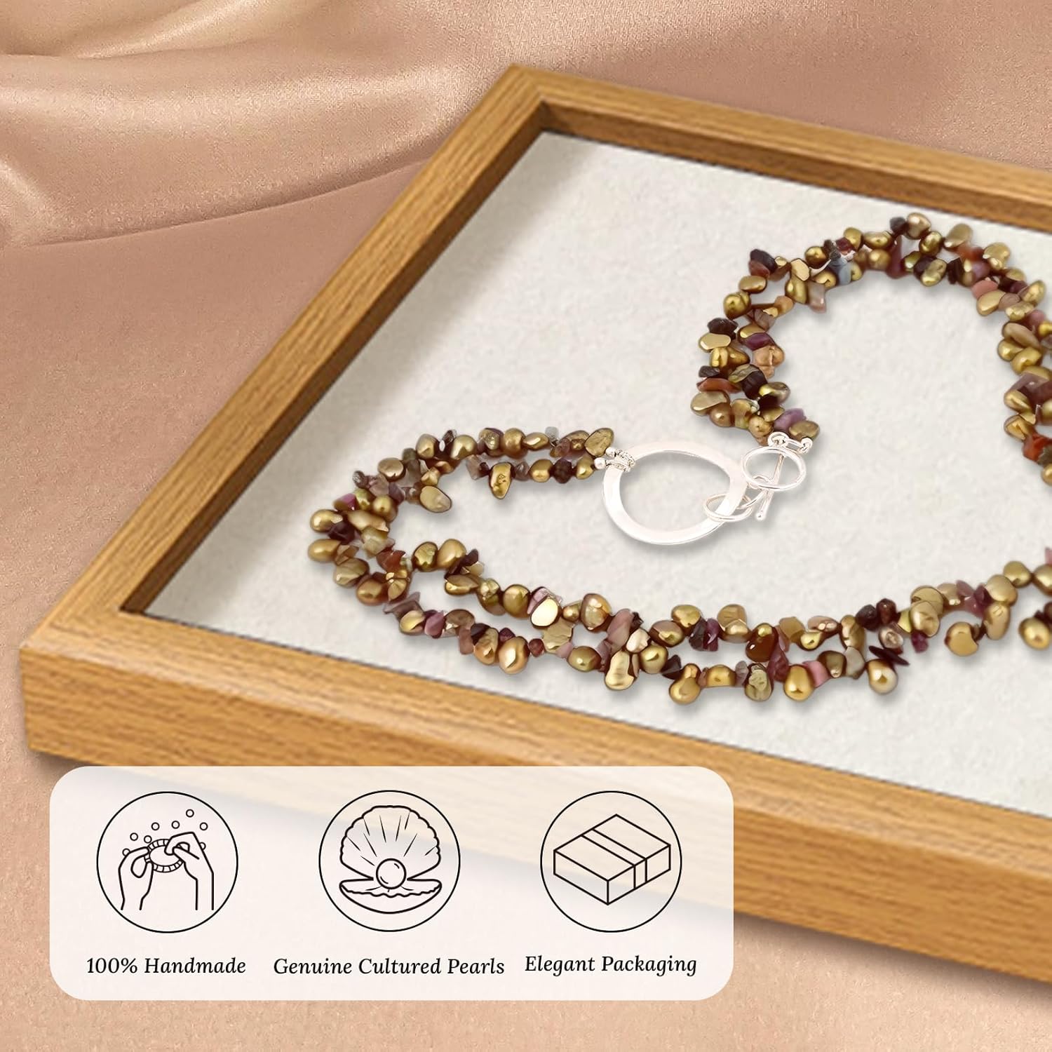 20" Freshwater Pearl Necklace, Handmade with 9-10mm Cream Round Pearls, Agate Turquoise- Gift for Mother, Wife, Anniversary Luxury Jewelry Gift - Image 6