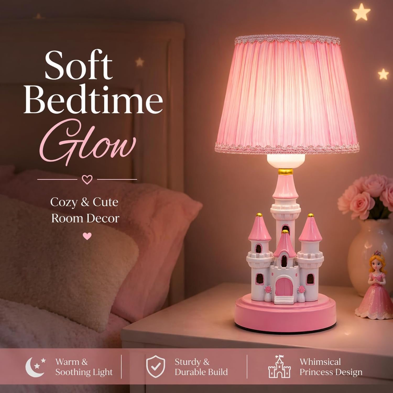 Ecliptix Kids Table Lamp, Adorable 14 Inch Castle Style Kids Desk Lamp, Pink Bedside Lamp Ideal for Girls Bedroom Decor, Includes LED Bulb(Pink Pleated Fabric Lampshade)