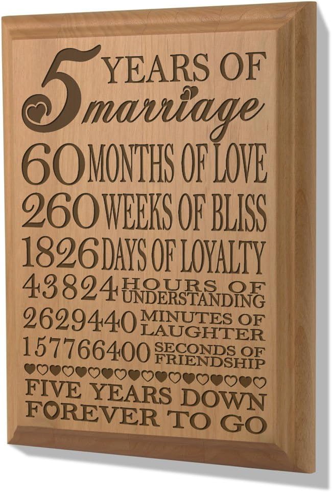 KATE POSH - 5th Anniversary Engraved Natural Wood Plaque, 5th Wedding for Her, for Him, for Couple, 5 Years of Marriage, 5 Years Together as Husband & Wife