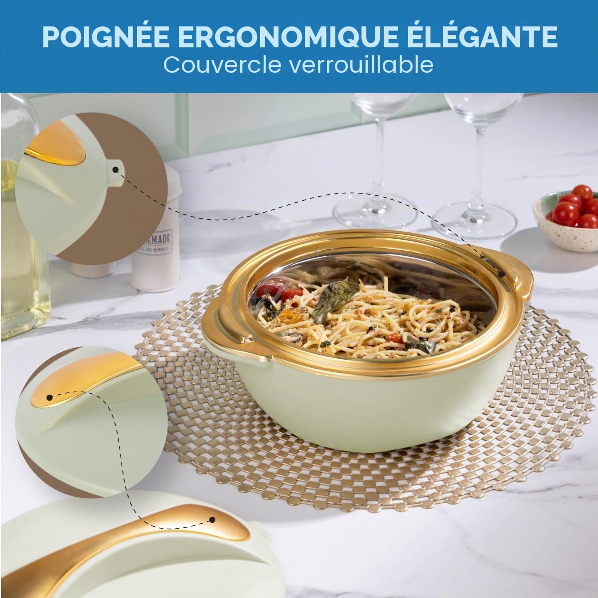 Pinnacle Lot de 3 cocottes isothermes avec couvercle – 3/2/1 litre – Réchauffeur/refroidisseur de nourriture – Plats de service thermiques avec couvercles – Récipient pour aliments chauds en acier