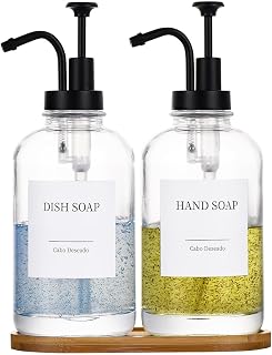CaboDeseado Glass Soap Dispenser Set of 2 with Bamboo Tray, Funnel & 18 Waterproof Stickers - 18oz Clear Kitchen Bathroom Pumps