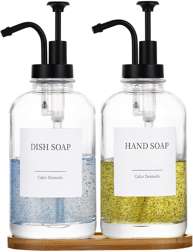 Glass Soap Dispenser with Pump, Dish and Hand Soap Dispenser for Kitchen Bathroom Set, Clear Glass Dispenser Set of 2 Pack with 18 Stickers Funnel Bamboo Tray 500ml 18oz / Each Bottle Sliver Pump