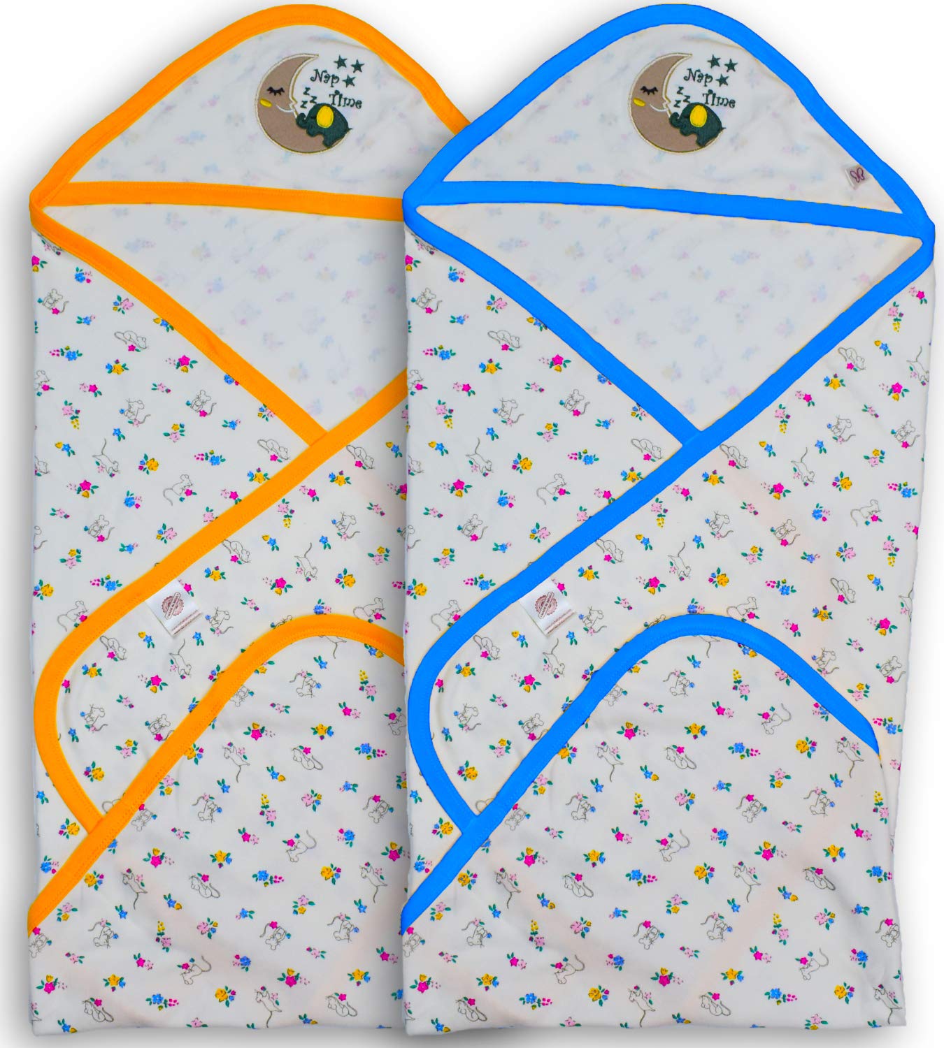 BabyBoon 100% Cotton, Soft and Anti-Allergic Hooded Towels for Babies(Multi Color and Combo Pack) (Blue-Orange)