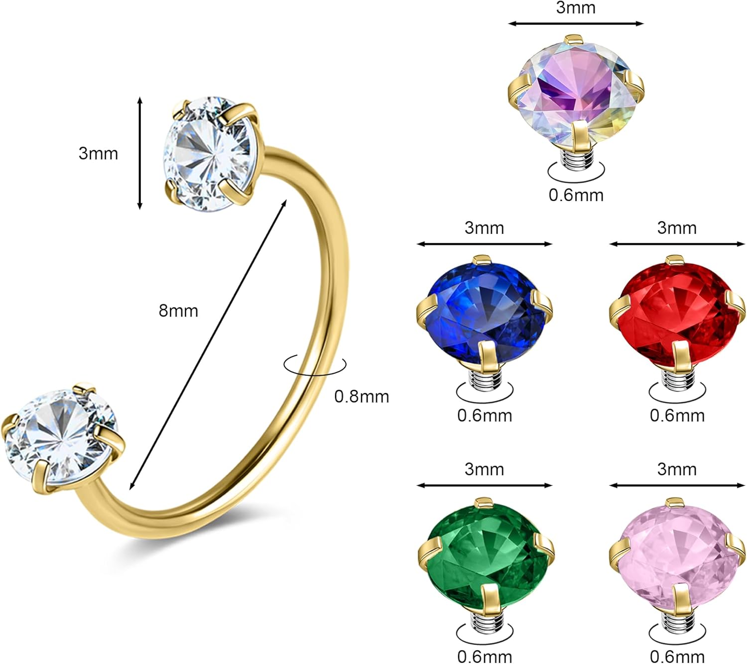 G23 Titanium Horseshoe Nose Rings 20G Horse Shoe Nose Ring Hoops Surgical Steel Half Cartilage Tragus Earring Hoop Internally Threaded Double Cubic Zirconia Nose Septum Piercing Jewelry - Image 2