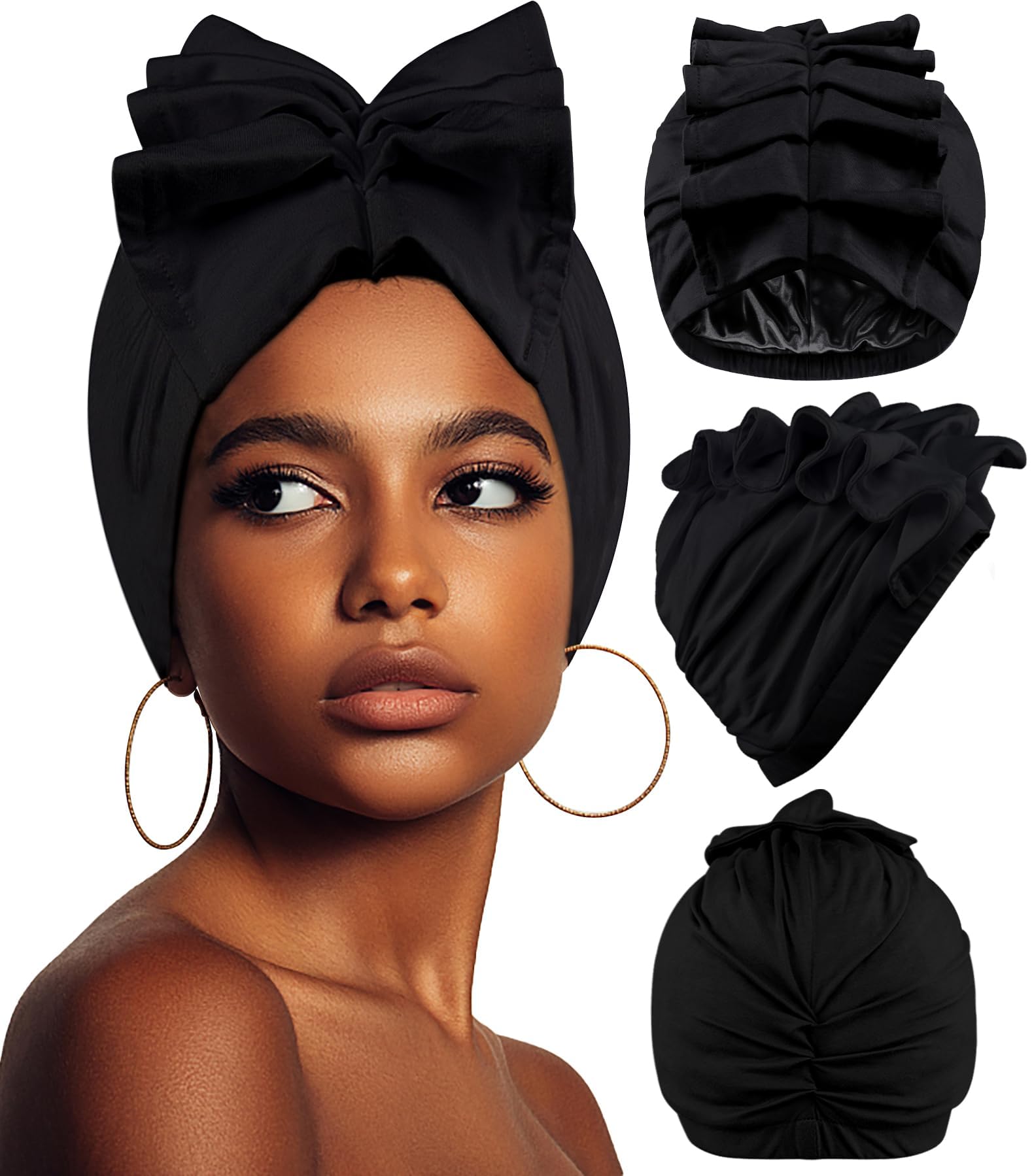 Stretch Turban Hats African Double Layered Headwraps Soft Pre-Tied Bonnet Hair Wrap Ruffles Turbans for Black Women