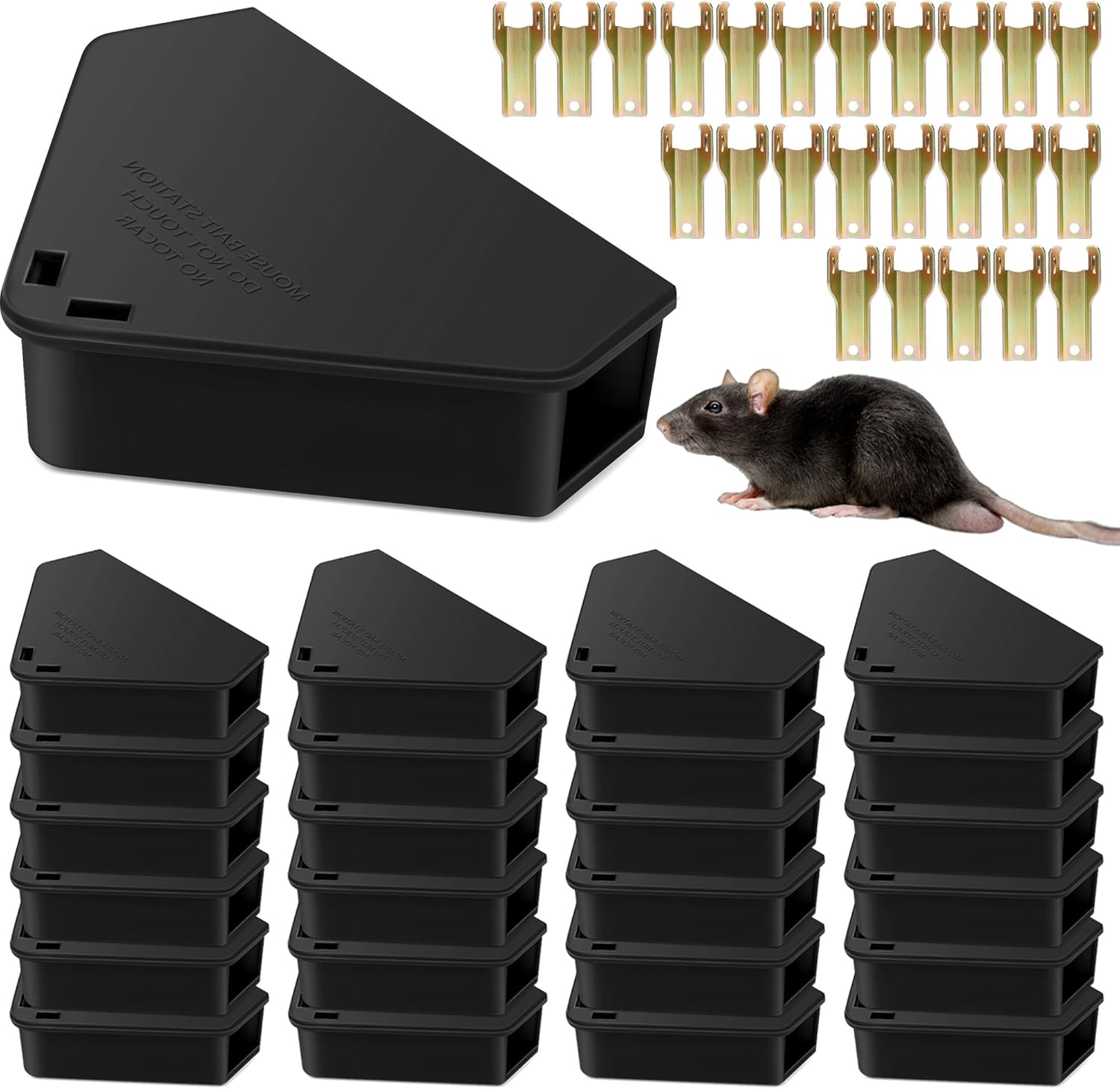 24 Pack Mice Bait Stations with Keys, Triangle Mouse Stations, Reusable Mouse Station Box for Indoor Outdoor Keep Rat Mice Away Pets Kids Safe, Dual Entry Tunnel, Black