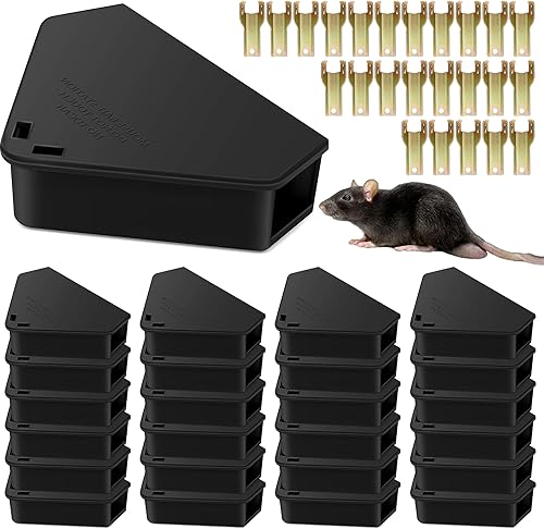 Paquete de 24 estaciones de cebo para ratones con llaves, estaciones triangulares, caja de estación de mouse reutilizable para interiores y