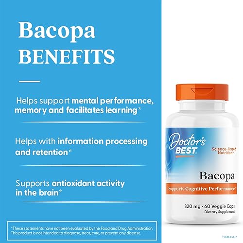 Miniatura 3 de Doctor's Best Bacopa con sinapsa, cerebro, mejora la memoria, antioxidante, sin OMG, vegano, sin gluten ni soja, 320 mg, 60 unidades