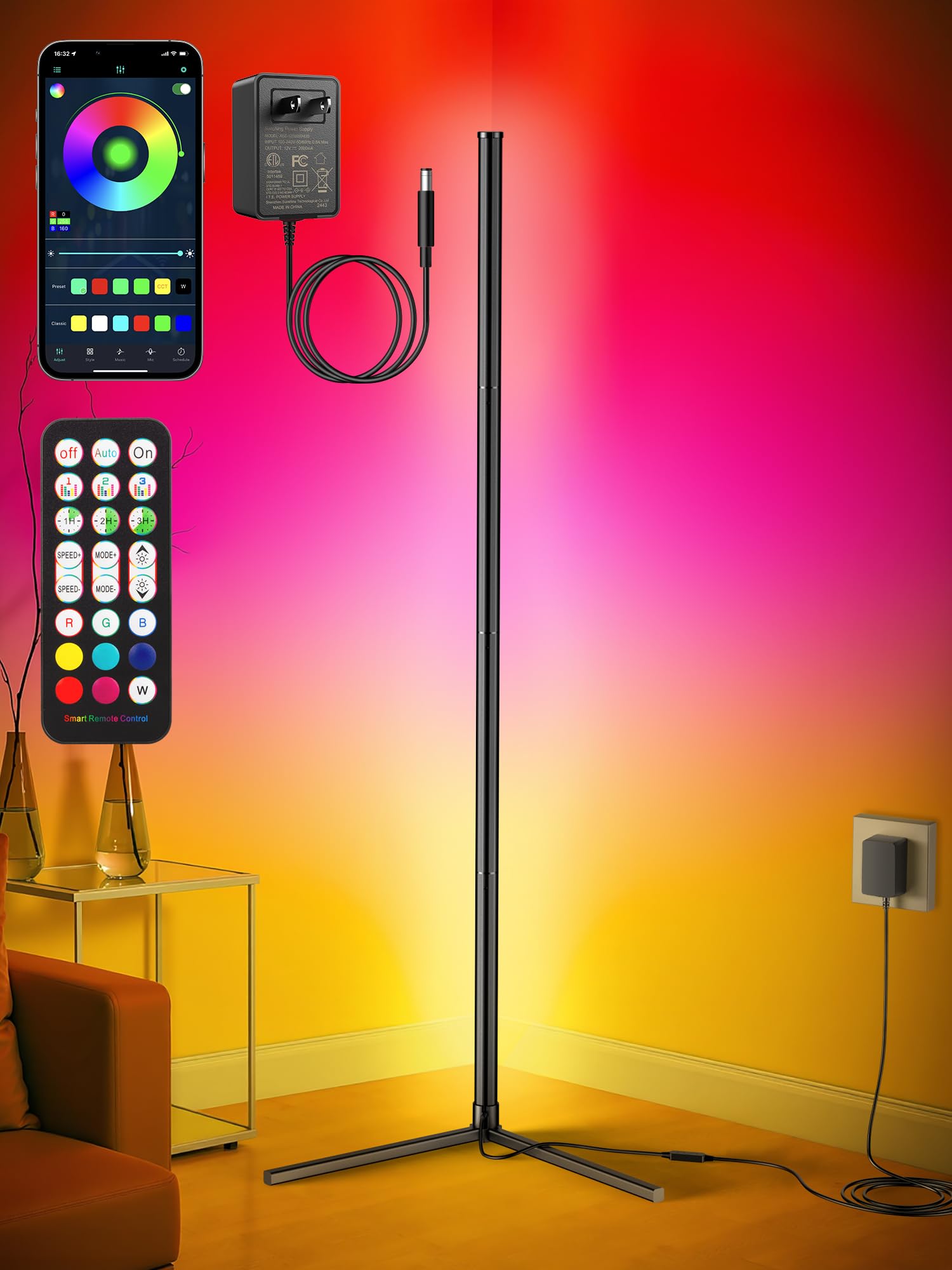 riyo Corner Floor Lamp, Modern LED Corner Lamp with APP & Remote Control