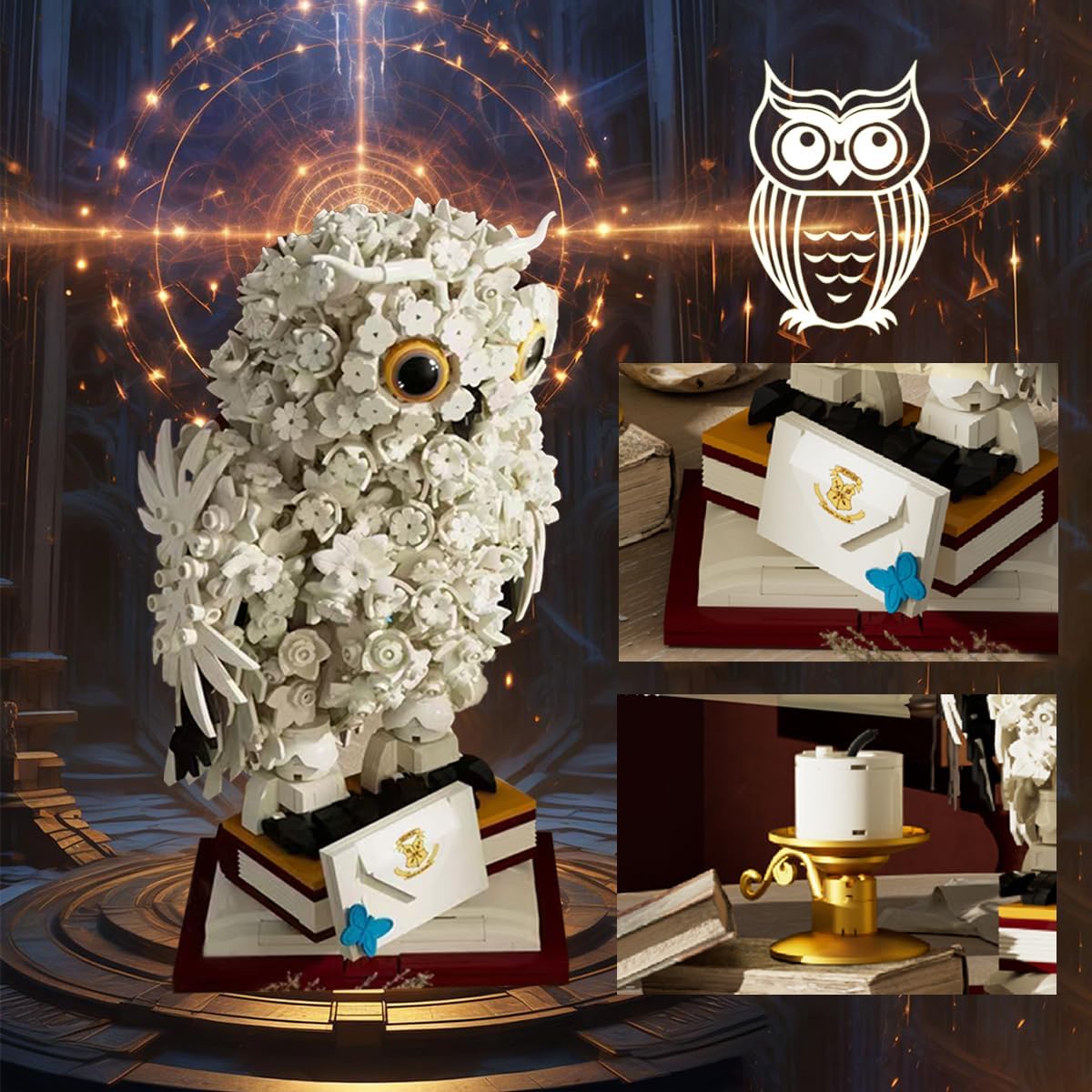 Completed owl head with sunflower eyes and floral crown