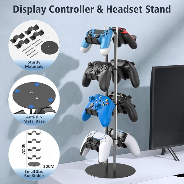 Supporto Cuffie e Joystick a 4 Livelli, Porta Cuffie e Joystick Universale per PS5/PS4/Xbox/Nintendo Switch, Porta Controller a 8 Grandi Capacità, Accessori Gaming Organizer per Controller e Cuffi - 4