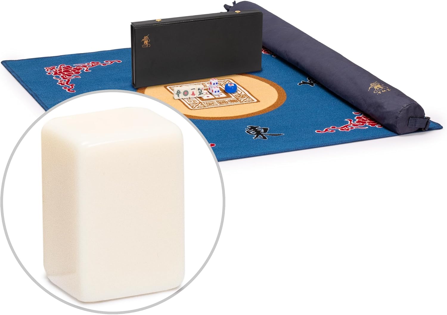 Yellow Mountain Imports Mahjong Bundle - Mini Chinese Mahjong Travel Game Set with Extra Small White Tiles, Little MJ and Blue 31.1-inch Table Cover for Mahjong and Board Games