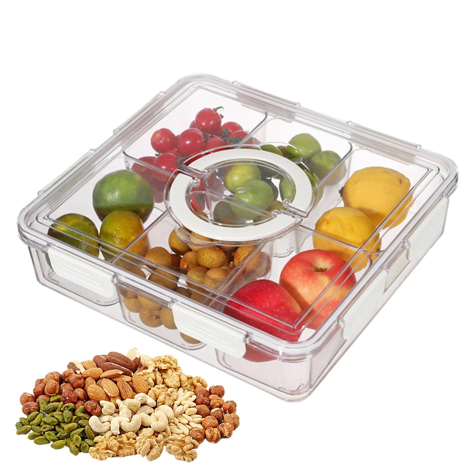 Plateau de service divisé avec couvercle – Organiseur de charcuterie avec 6 compartiments, carré de rangement des aliments, organisateur transparent pour collations, noix, bonbons