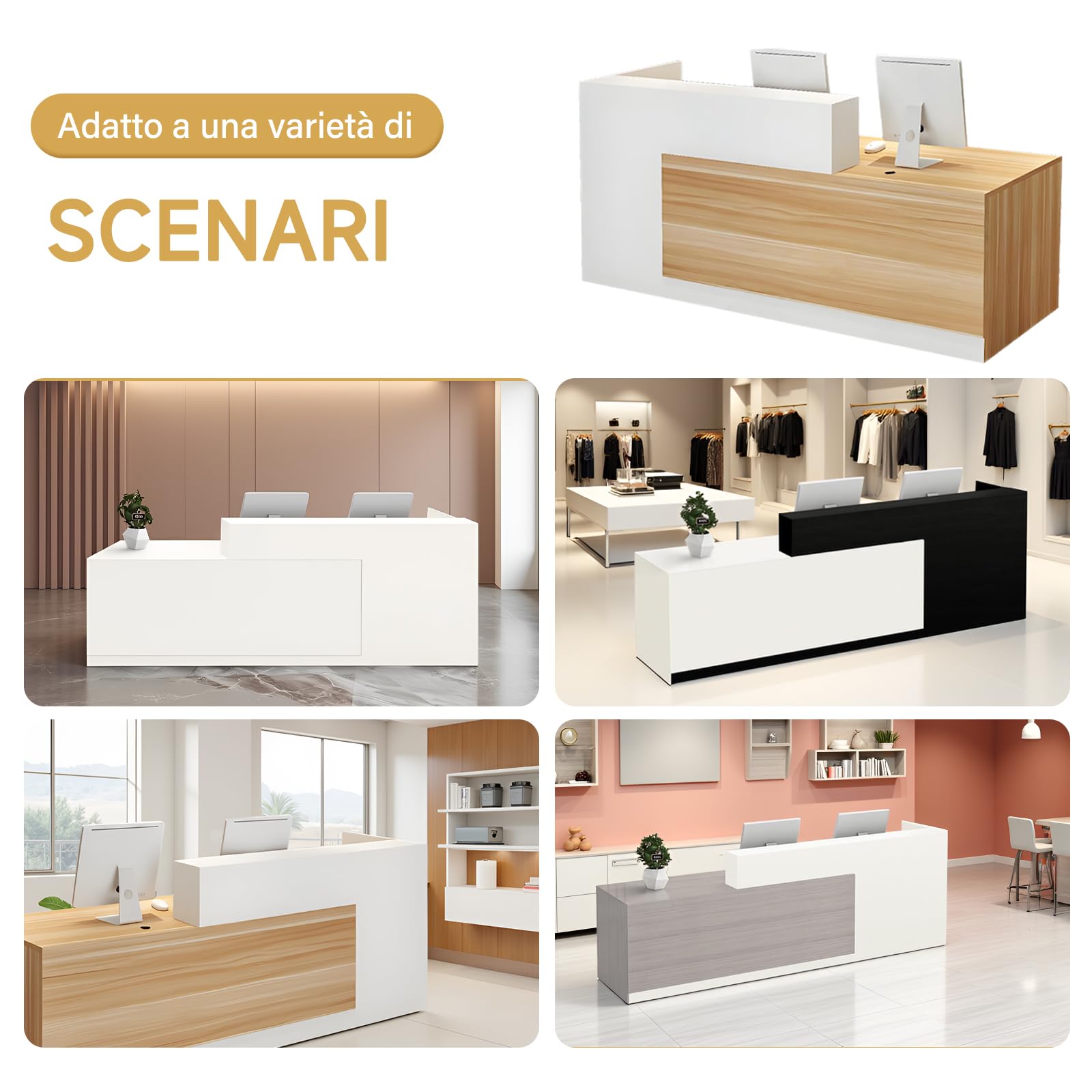 Bancone Reception Moderno con Spazio di Archiviazione, Scrivania Reception da 100–240 cm con Cassetto e Ripiani, Ideale per Uffici, Saloni, Hall e Negozi