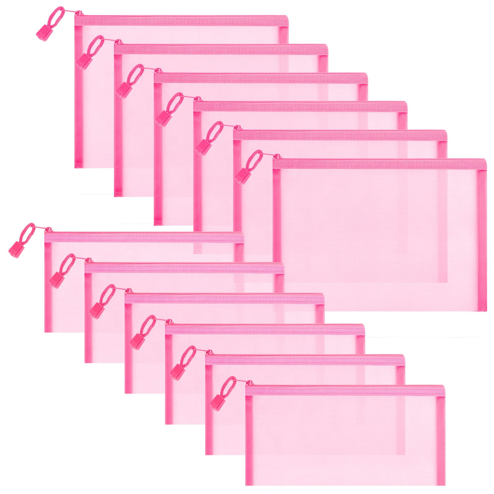 Sinzip 12 Pieces Zipper Nylon Mesh Pouch, Mesh Cosmetic Bags Makeup Bags Pencil Case, Multipurpose Travel Bags for Cosmetic School Office Supplies and Travel Accessories, Pink, A5+B6, Nylon Mesh Pouch — image 1