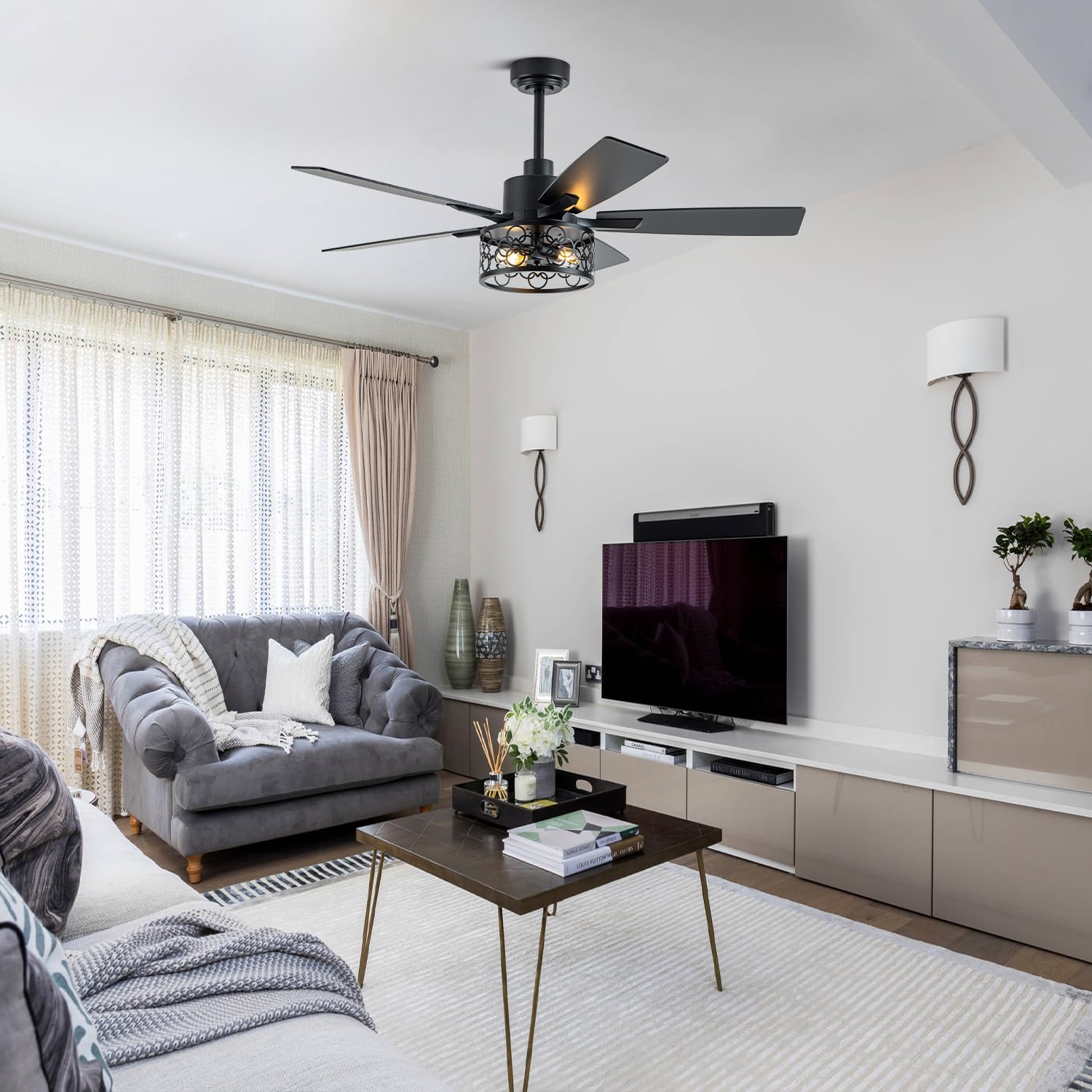 52 Inch Farmhouse Ceiling Fan with Light Industrial Ceiling Fan Rustic Caged Chandelier Fan for Living Room Bedroom Patio