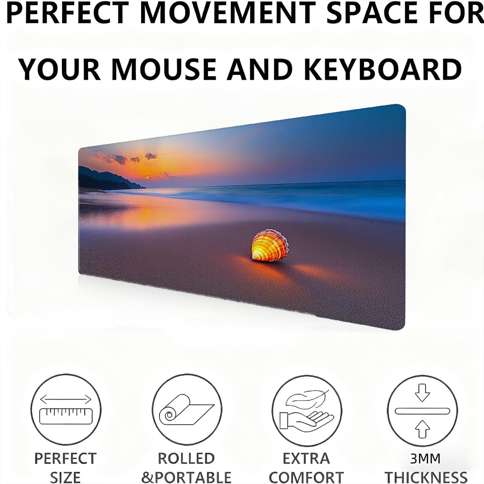 Podkładka pod mysz muszle/piaskowa plaża XXL 1200 x 600 mm duża podkładka pod mysz szyte krawędzie wodoodporna antypoślizgowa duże rozszerzone akcesoria biurowe do PC, poprawia dokładność i szybkość