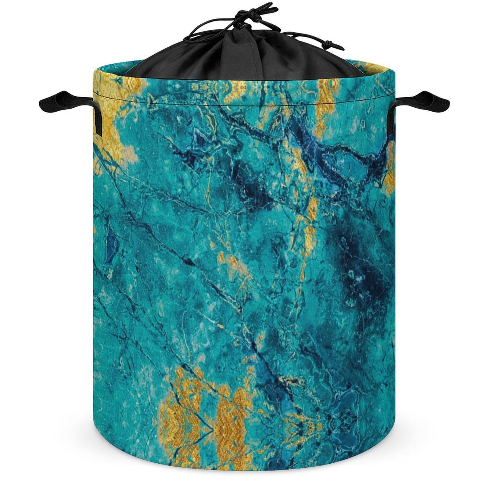 Wlntrophic Drawstring Laundry Hamper, Teal Marble Laundry Basket, Washing Basket with Handle