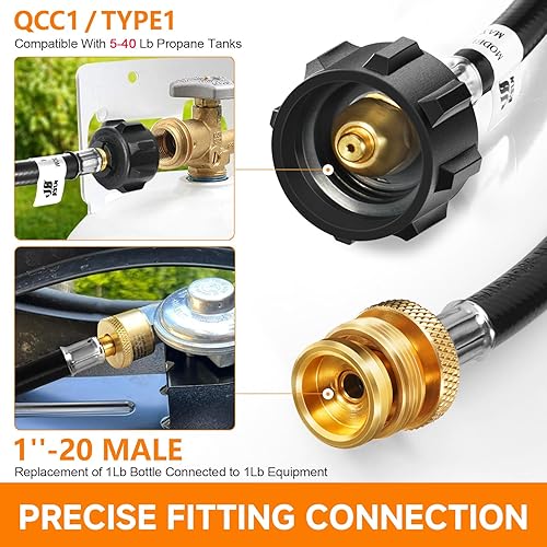 Miniatura 3 de GasSaf Manguera de propano de 5 pies, adaptador de propano convertidor de 1 libra a 20 libras, manguera de parrilla de gas de tanque de propano