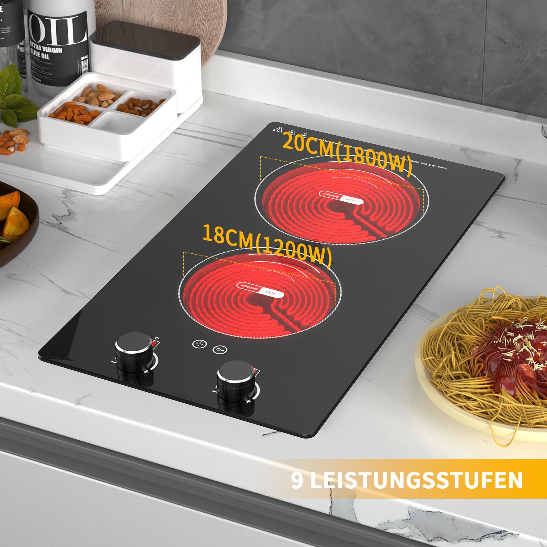 VBGK Glaskeramikkochfeld 2 Platten 29cm 3000W 2 Kochzonen 9 Heizstufen Berührungssteuerung Kindersicherung Timer