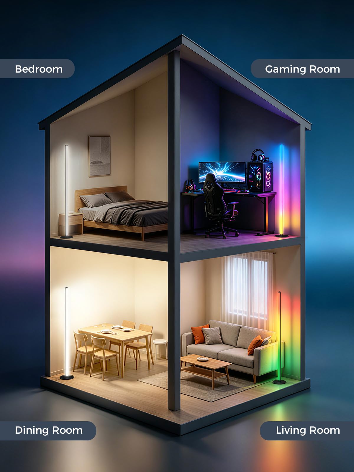 Smiling Shark LED Stehlampe Wohnzimmer, Smart Modern RGBIC Standleuchte mit Fernbedienung und APP 16 Millionen Farben Dimmbar Stehlampe mit Musik Sync und Timer für Schlafzimmer Gaming-Zimmer