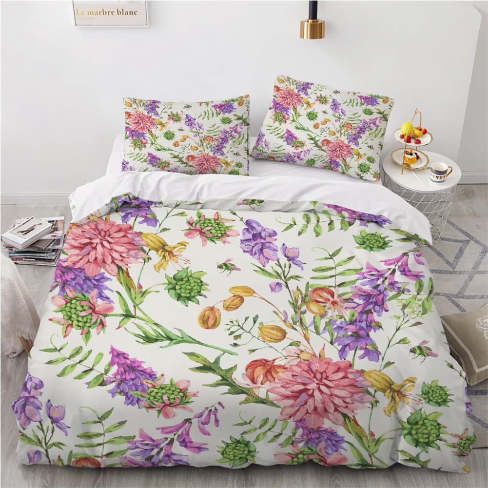 Housse de couette 220x240 fleurs en microfibre douce avec taies d'oreiller pour lit 2 personnes