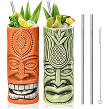 SuproBarware Tiki Mugs Set of 2 - Large Hawaiian Cocktail Glasses with Straws and Coasters, Party Cute Exotic Cocktail Glasses for Tiki Bar and Collection