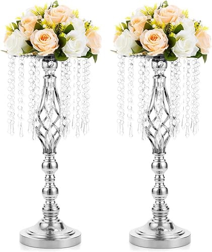 2 Pcs 19.3 Inches Tall Crystal Flower Stand Wedding Road Lead Holders Centerpiece Chandelier Metal Vase for Reception Tables Wedding Supplies | Flower Centerpieces with Acrylic Hanging Crystals, for Artificial Flower Arr
