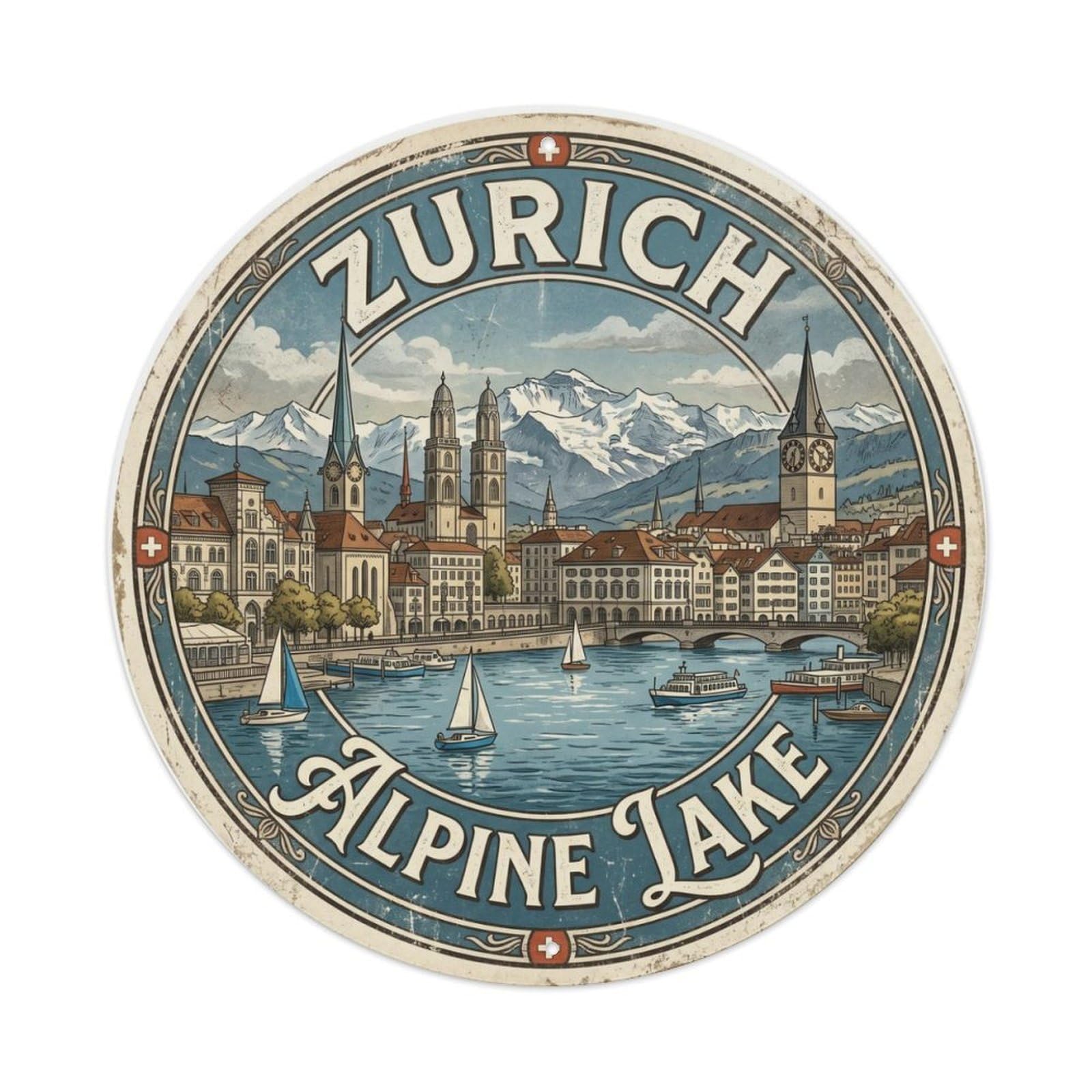 Vintage Travel Zurich Lake Alps Metal Tin Sign Plaque Wall Decor for Cafe, Club Bar, Office, Home Garden Round Metal Poster 8x8Inch