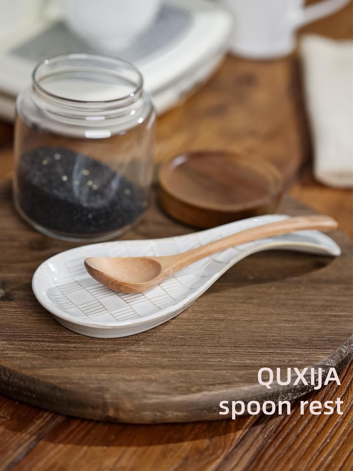 Ceramic Spoon Rest, 8.5-Inch Spoon Holder (Vintage White)