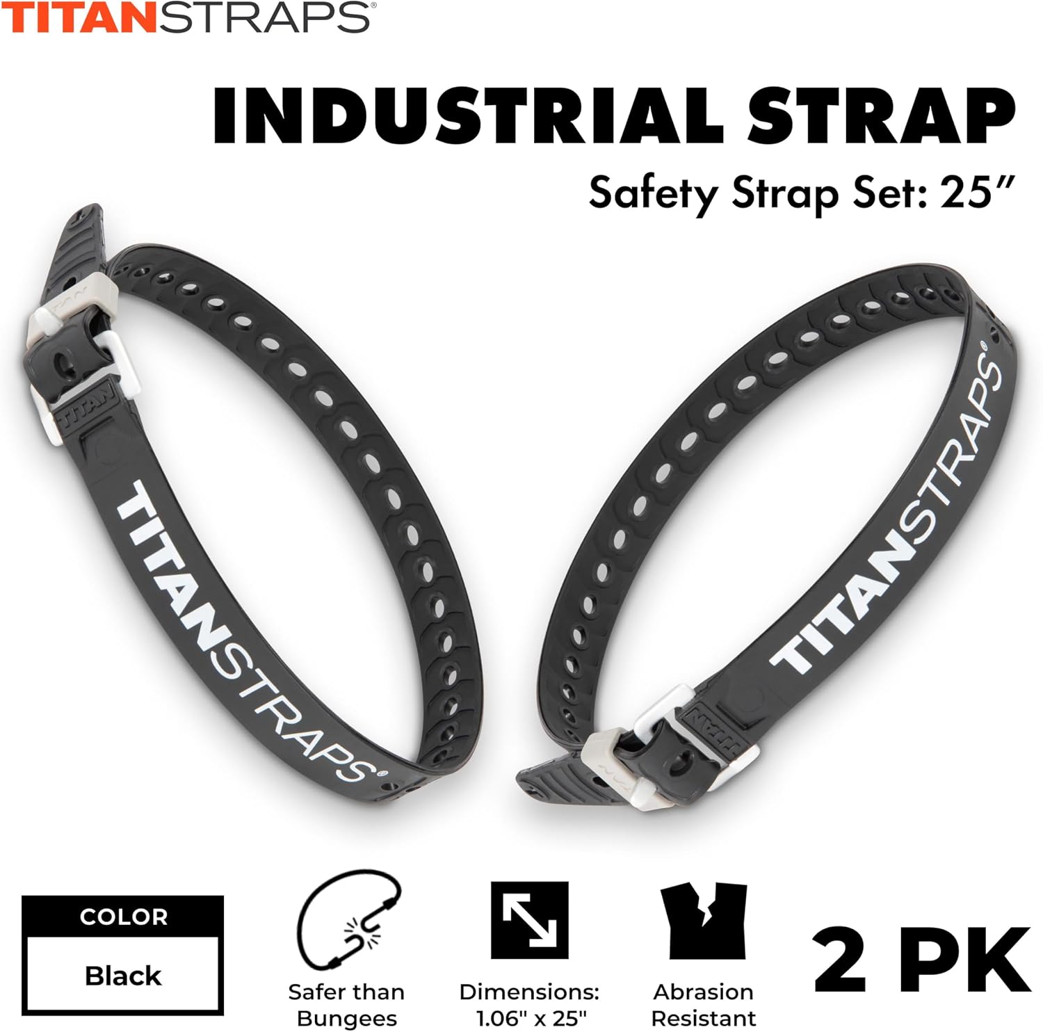 Titan Industrial Straps – Strong & Simple Tie-Downs for Construction (Welders, DIY Home) & 1st Responders – 3 Year Warranty, Batch Tested – 70 lb. Working Load, 25" Length, Black, 2-Pack