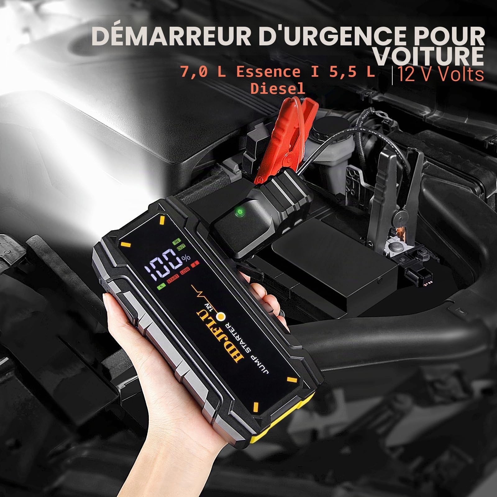 Démarreur de Voiture Portable HDJFLU 3000A (7,0 litres pour Le Moteur à Essence et 5,5 litres pour Le Moteur Diesel), Batterie de Voiture 12v, câble de démarrage Intelligent, éclairage