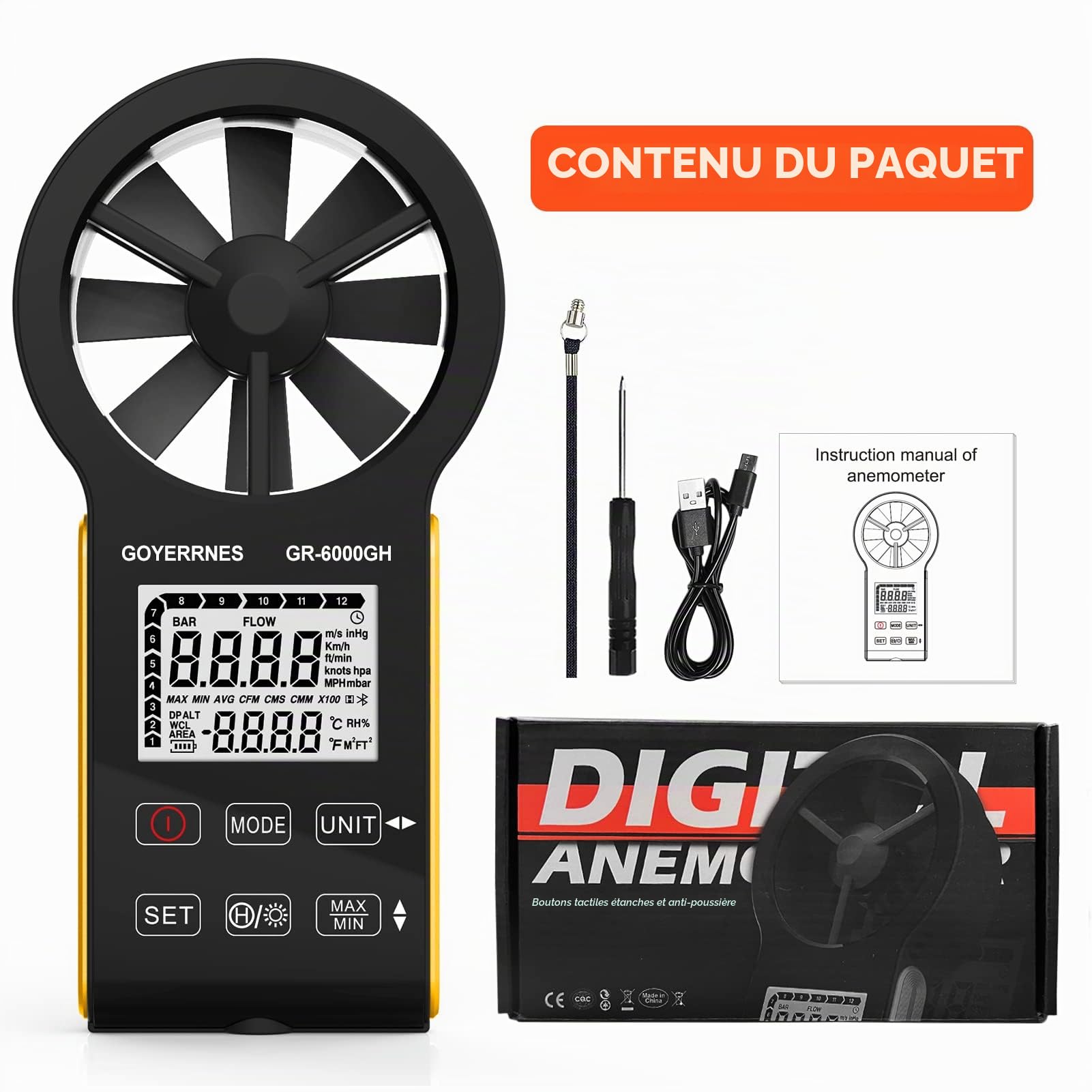 Anémomètre Numérique portatif GR-6000GH CFM Meter Gauge Débitmètre d'air portable Mesure de la vitesse de l'air Volume d'air Température pour les bouches d'aération HVAC, la navigation de plaisance