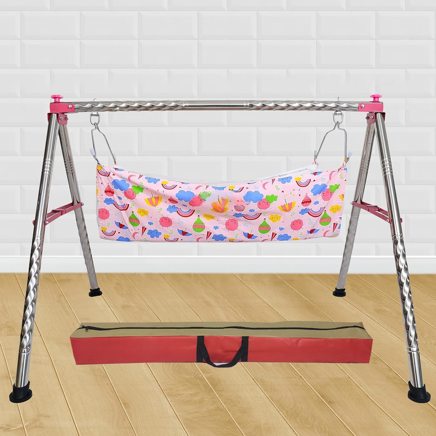 TRENDY CREATION HUB Foldable Cradles for 0 to 2 Years Baby Swing Cradle for New Born Baby Strong & Sturdy Cotton Jhula Palna Ghodiyu Hammock (Pink)