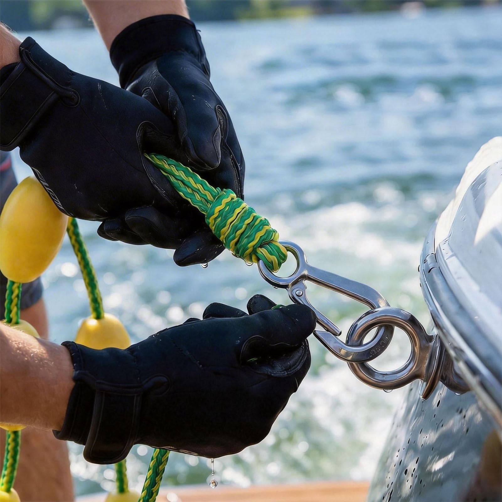 Fune di traino per barche galleggianti, con galleggiante giallo e gancio, ad alta resistenza, per nautica e attività acquatica, con galleggiante giallo e gancio in acciaio inossidabile