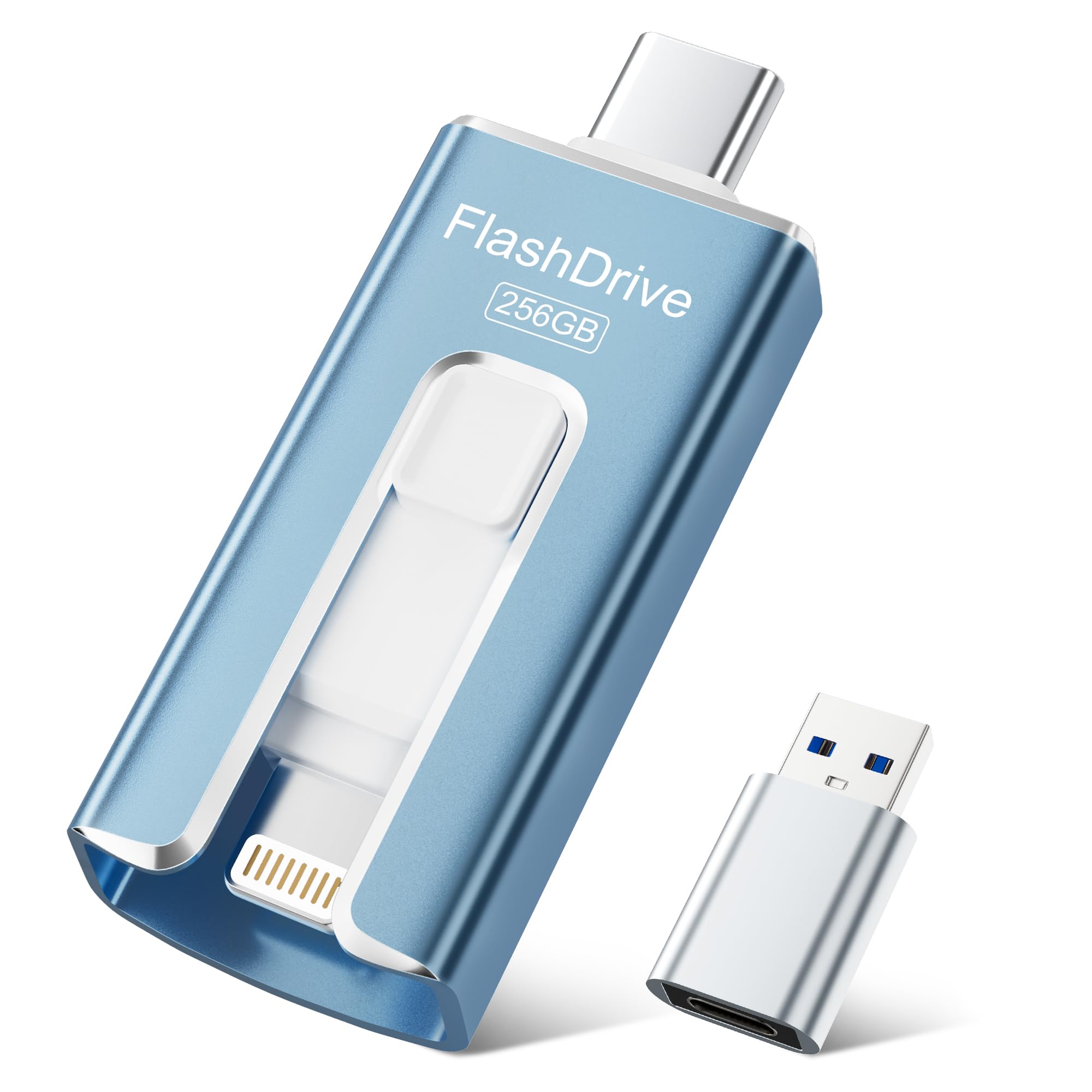 SUDEHO Clé USB-C 256 Go, Clé USB iPhone, MFi Certifiée (Bleu) | Design 3 en 1 pour iPhone, iPad, USB-C, Android et PC. Transfert haute vitesse de photos, vidéos et fichiers.