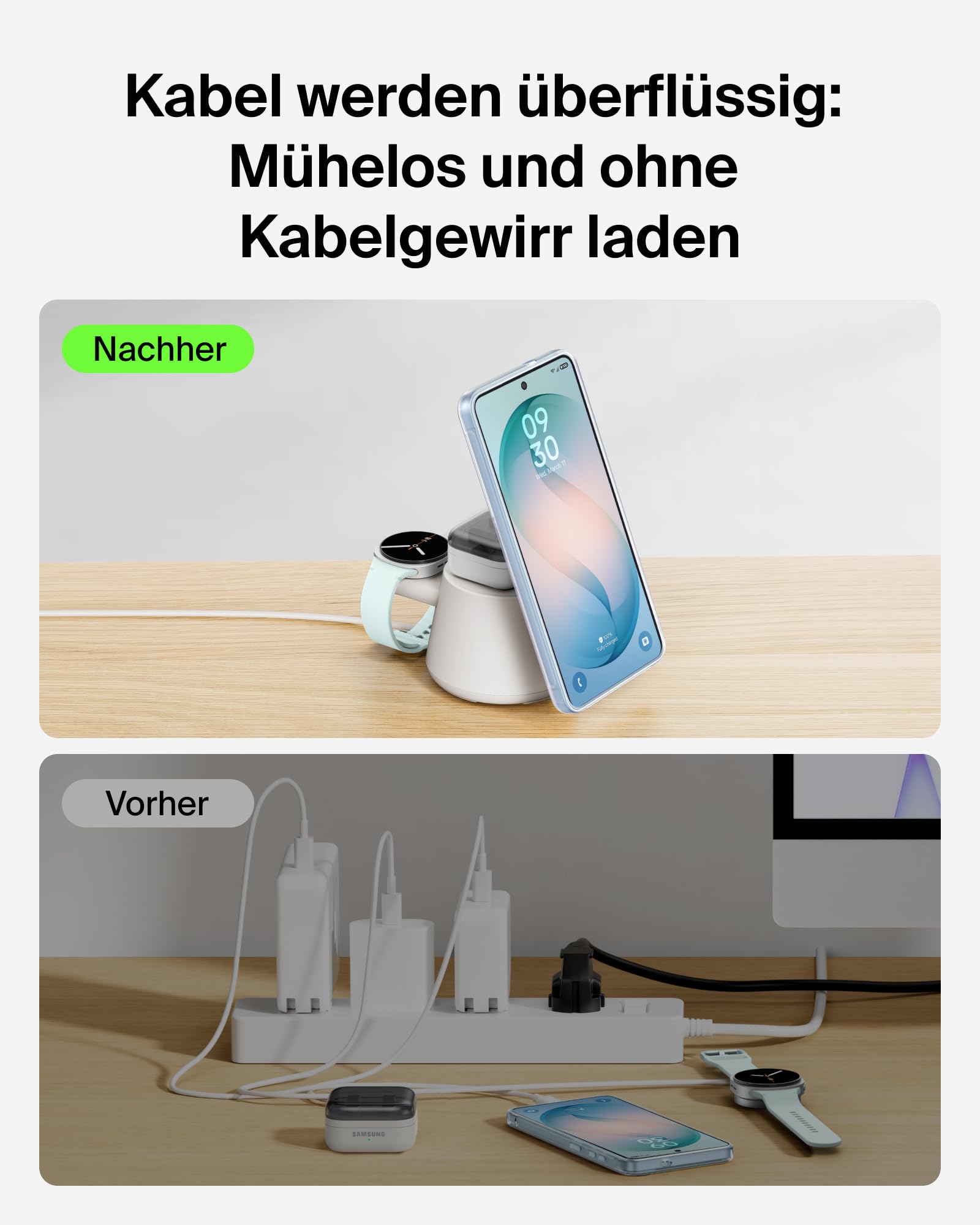 Belkin UltraCharge 3-in-1 Induktive Ladestation mit Qi2, 25W – Weiß | Qi2.2-zertifiziert, Kabelloses Ladegerät mit USB-C-Port, Wireless Charger für iPhone, Galaxy, Kopfhörer; mit 45W Netzteil