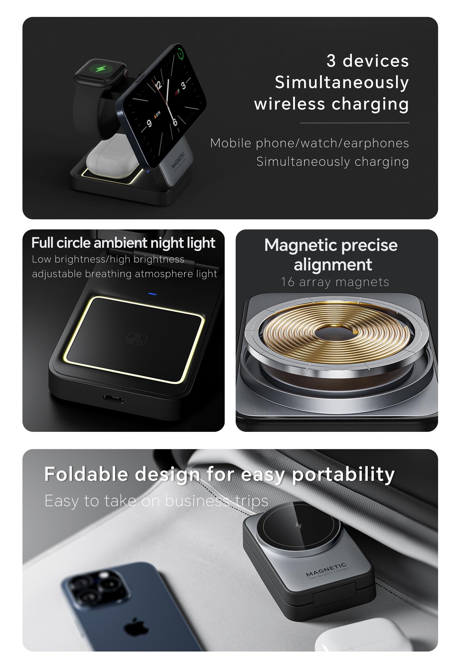 Stazione di Ricarica 3 in 1 Compatibile con MagSafe, Magnetica Caricatore Wireless,Caricabatterie Magnetico Compatibile con iPhone Serie 6/15/14/13/12 Série, AirPods 2/3/Pro, Apple Watch