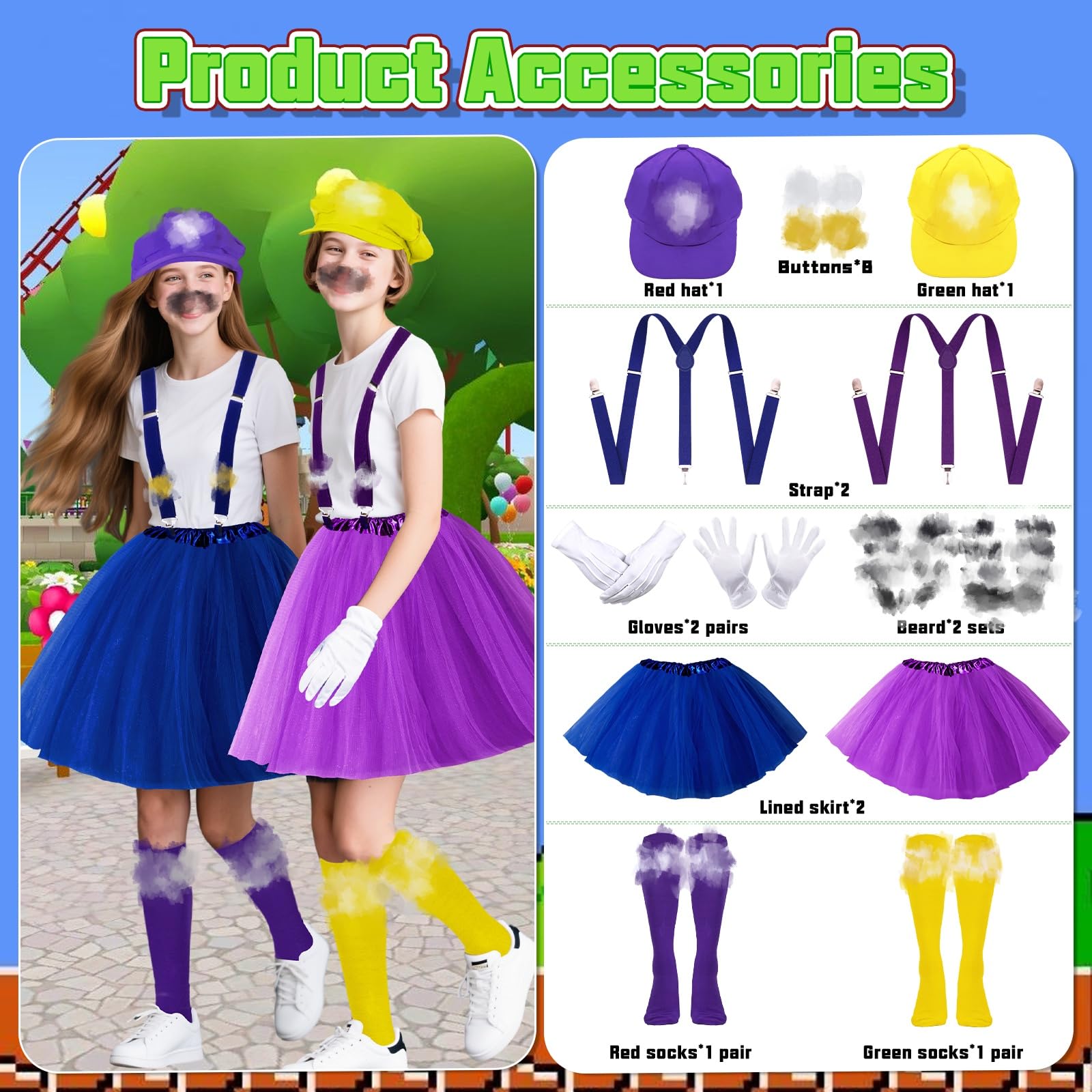 C4 World Book Day 2026 Costume Adults Women, Super Bros Costume Funny Carnival Costumes Accessories Hats, Tutu Skirt ,Gloves - Image 2