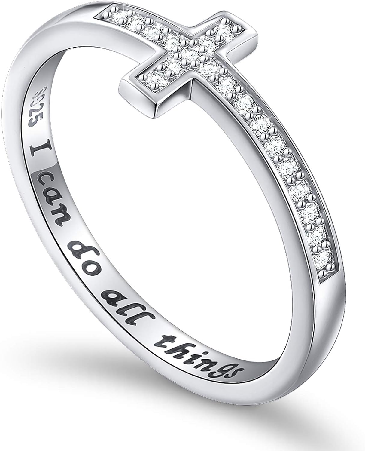 DAOCHONG Inspirational Jewelry Sterling Silver Engraved I Can Do All Things Sideways Cross Ring, Size 5-10