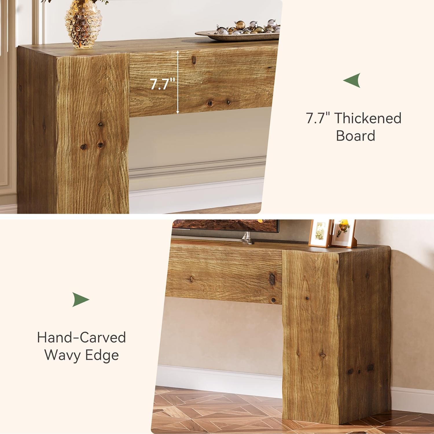 Solid Wood TV Stand for 65 Inches TV, Rustic Media Console with Hand Carved Wave Edge, Thick Leg Base, 63 Inches Long TV Table for Living Room, Easy Assembly (Rustic Brown)