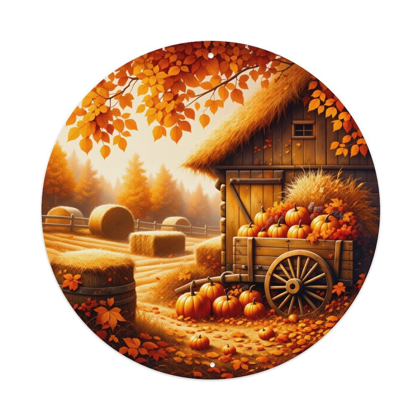 Autumn Harvest Pumpkin Cart Scene Round Tin Sign Vintage Metal Poster, Home Bar Garage Man Cave Cafe Indoor & Outdoor Wall Decoration 8x8Inches
