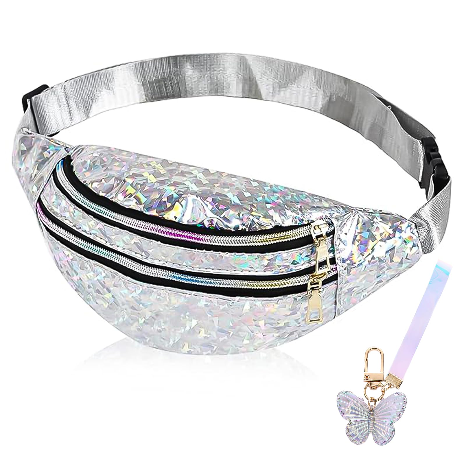 BMHNQ Riñonera Niña Riñonera Niño Riñonera Mujer Riñoneras Riñonera Hippie Festival Riñoneras Holográficas de Color Brillante Riñonera Deportiva Brillante Riñoneras Multifuncional 1 Llavero Mariposa(Plata)