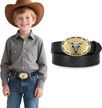 SUOSDEY Kids Western Cowboy Belt for Boys Girls,Toddler Cowgirl Embossed Leather Belt with Longhorn Bull Buckle