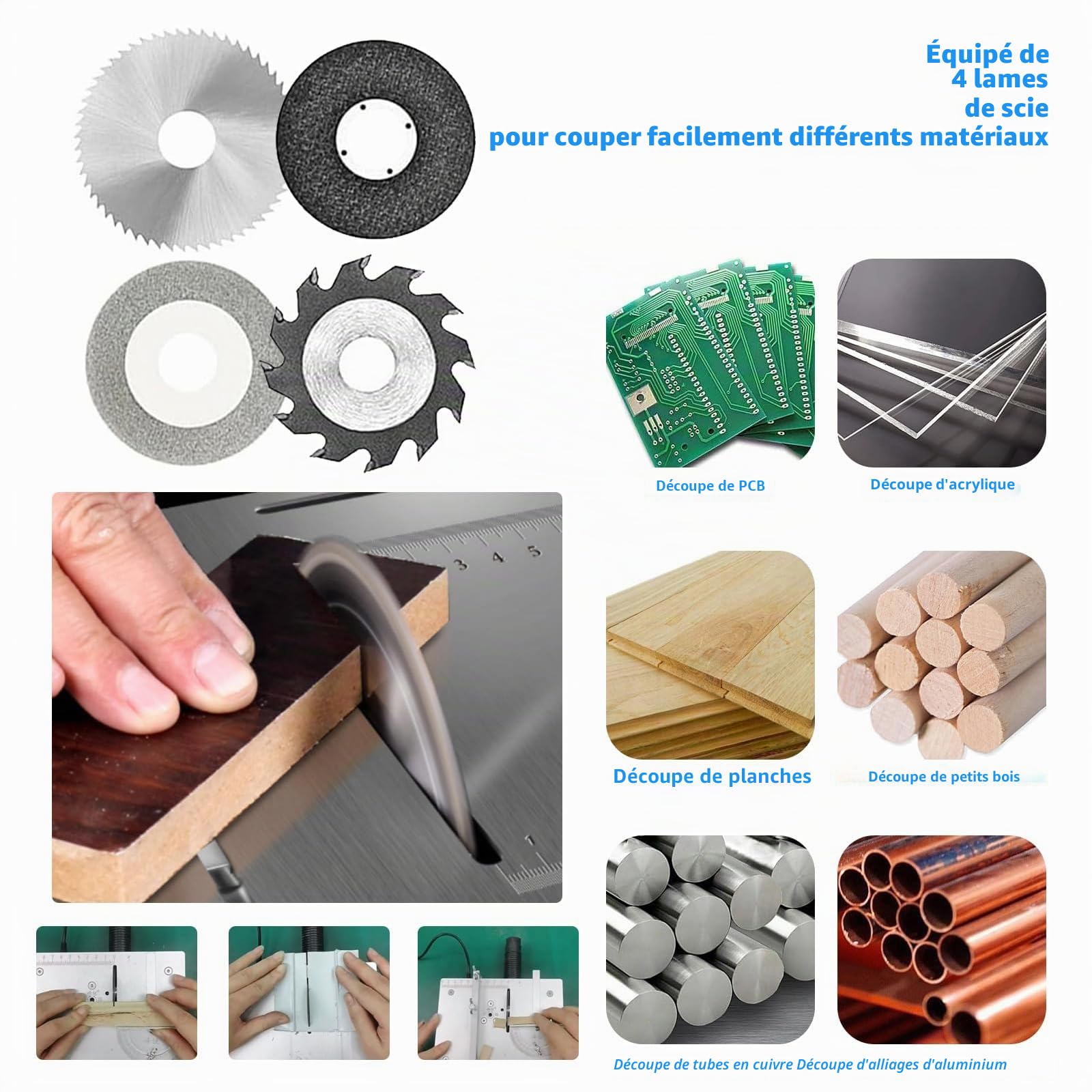 Mini scie circulaire sur table avec 4 lames, petite scie à table de 96 W, avec source d'alimentation à 7 vitesses réglables, lame de scie de 0,1 à 15 mm, hauteur réglable, scie à table