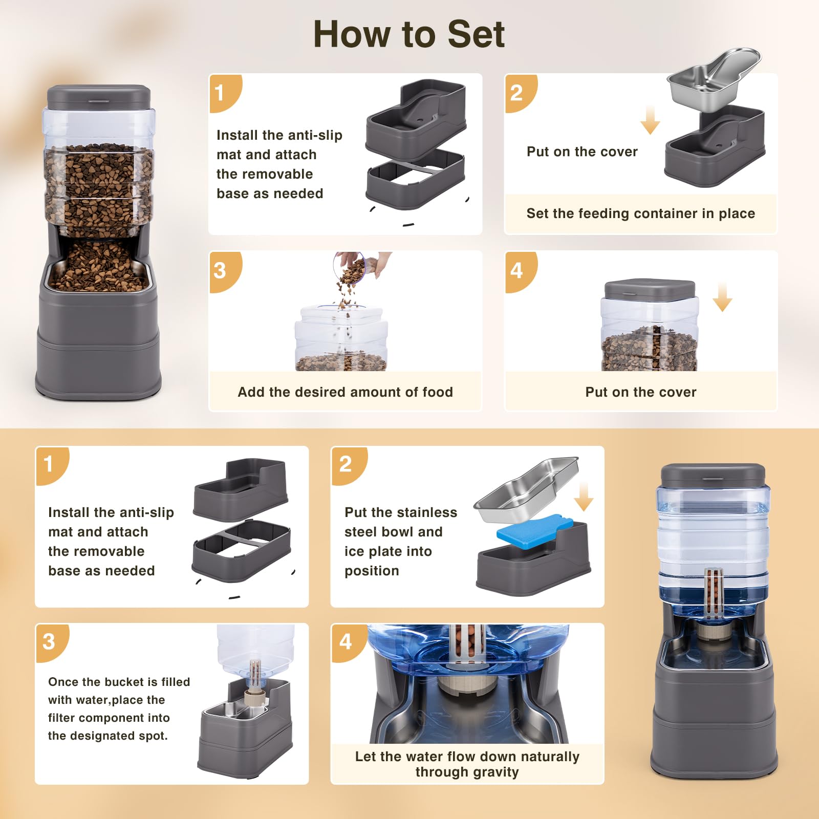 Paquete de 2 comederos automáticos para gatos y dispensador de agua de 1.3 galones, alimentador de alimentos por gravedad para perros y agua con bolsa de hielo, cuenco de acero inoxidable para