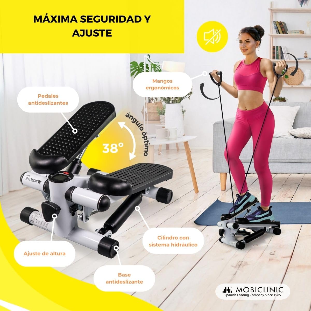 Mobiclinic® Fitness, Stepper, 2 en 1, Cuerdas de Resistencia, Multifunción, Brazos y piernas, Pantalla LCD, Carga 100 kg, Compacto, Gym casa, Altura Ajustable