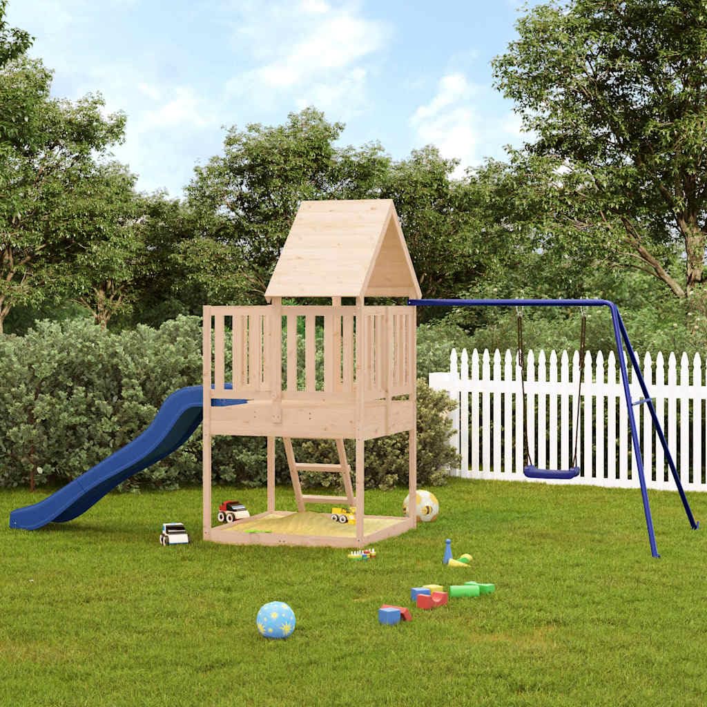 Spielturm Massivholz Kiefer mit Wellenrutsche und Einzelschaukel, 90 cm Plattform, Garten Spielhaus für Kinder, Klettergerüst und Sandkasten