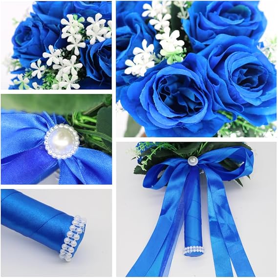 Wedding Bouquets for Bride, Small Bridal Flower for Bridesmaid, Artificial Blue Toss Rose
