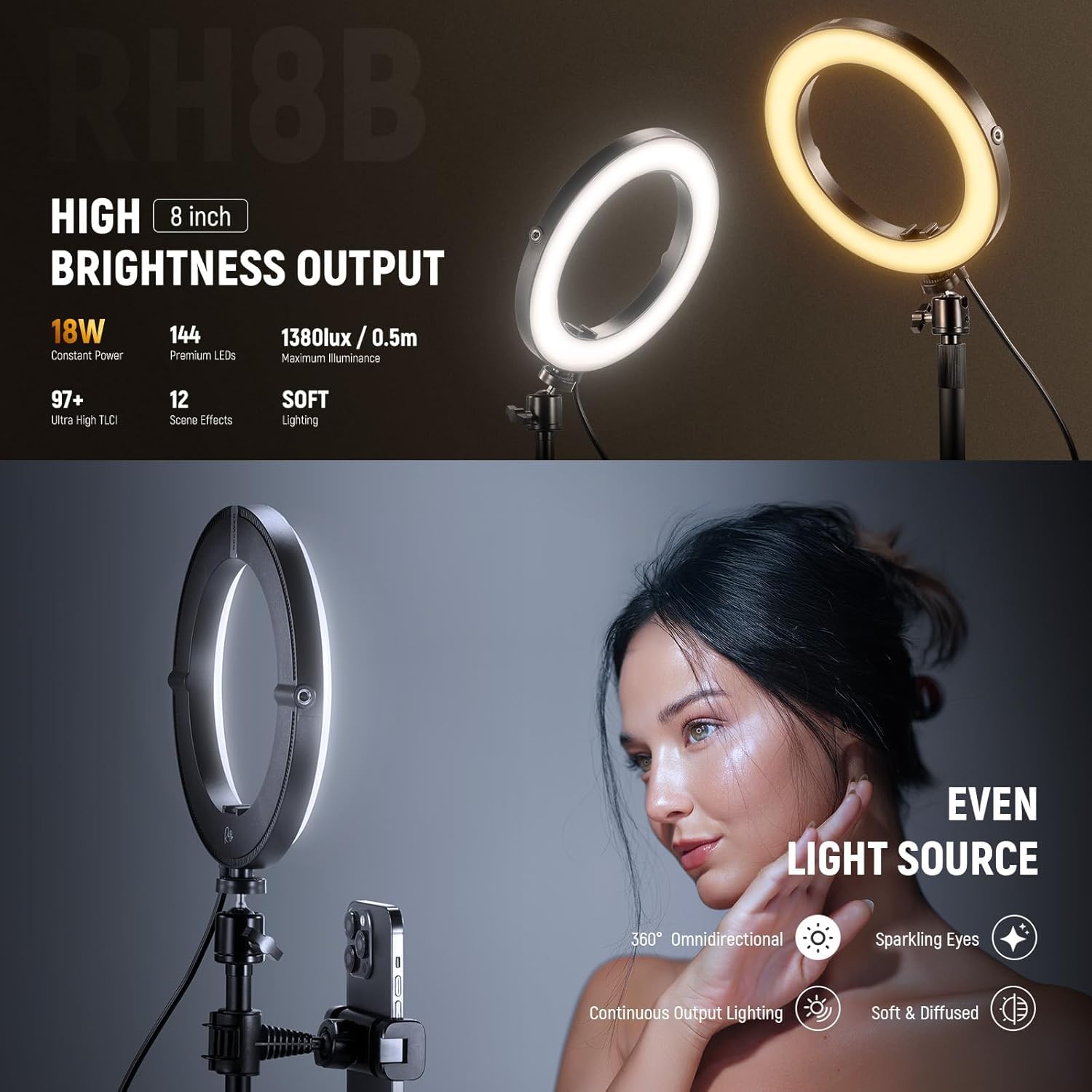 NEEWER Pierścień biurkowy 8" 18 W do telefonu, dwukolorowy 2900-7000K 1380lux/0,5 m CRI95+/TLCI97+ oświetlenie do selfie 12 efektów USB C/nóżka/uchwyt na telefon/pilot, zoom/Youtube/TikTok Vlog, RH8B